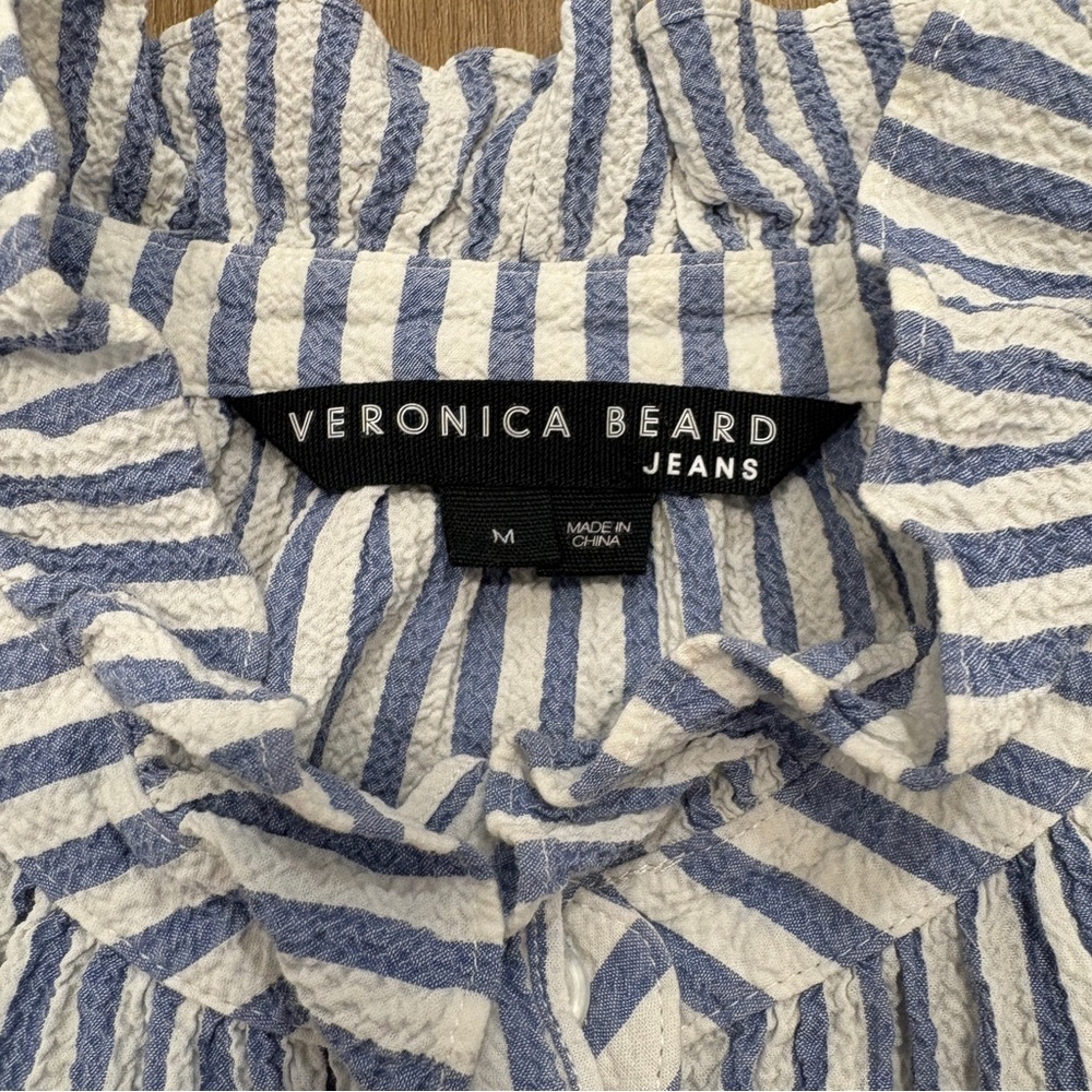 🌟VERONICA BEARD🌟 JEANS CALISTO STRIPED SEERSUCKER BLOUSE BLUE / WHITE M - Picture 4 of 10
